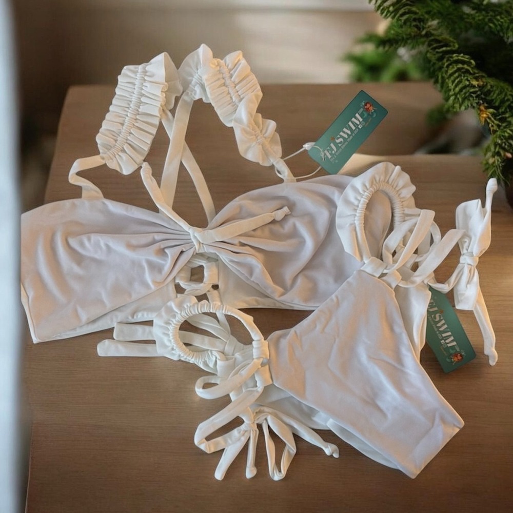 White Bikini Set XLarge Rusched Back Adjustable Strap Handmade FJ Swim